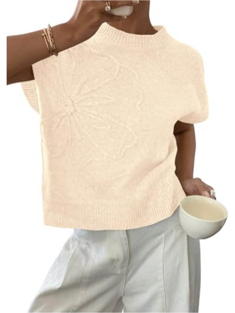 Knit Sweater Vest for Women 3D Flower Embellished Cap Sleeve